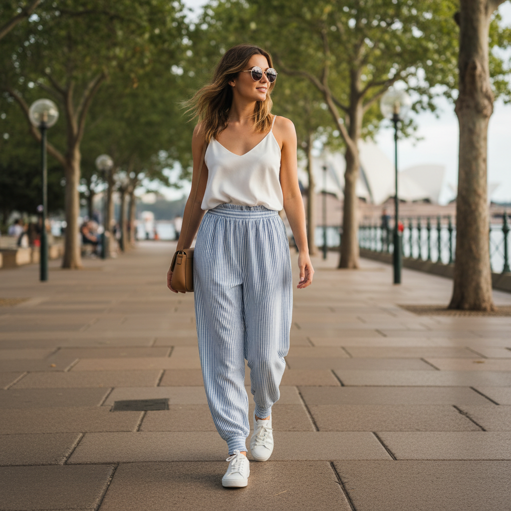Casual Blue Striped Cotton Blend Pants | Lightweight Trousers
