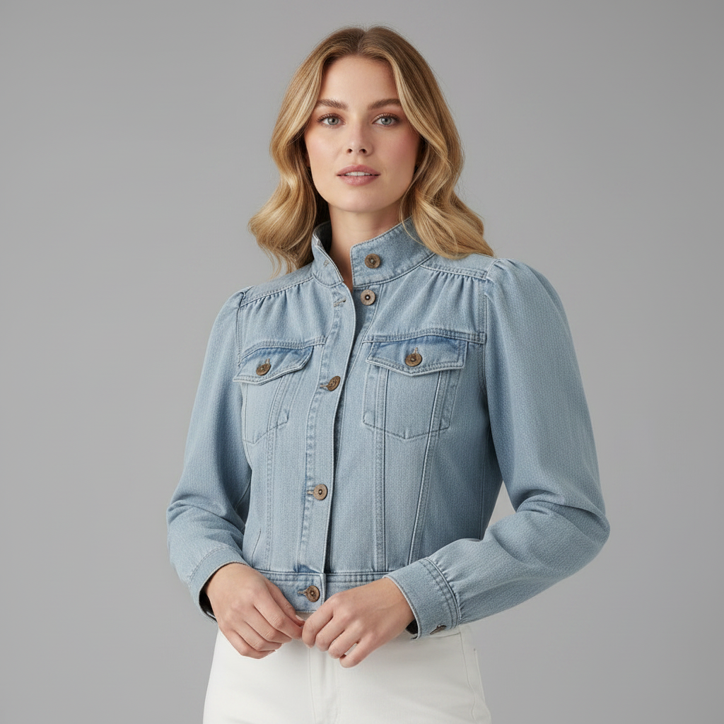 Retro Blue Denim Jacket | Women's Jean Jacket with Stand-up Collar