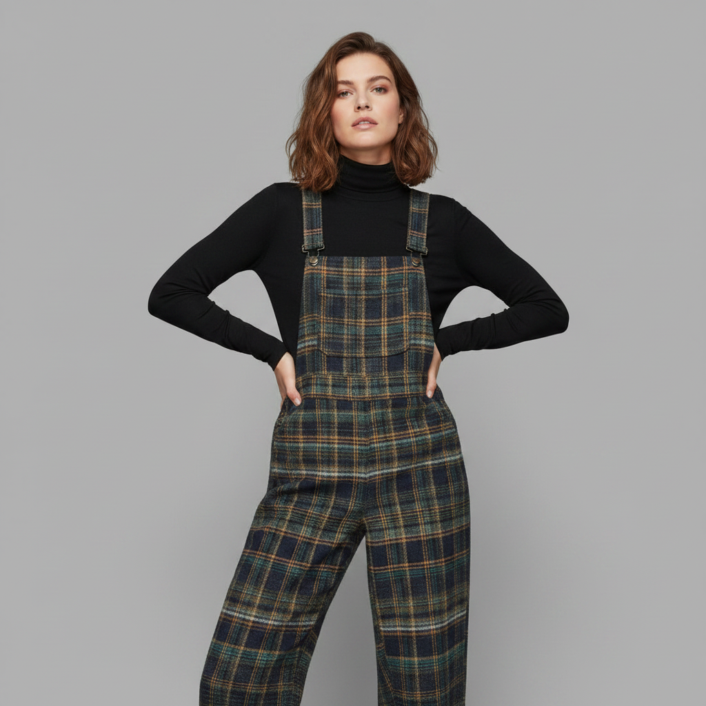 Retro Blue Plaid Wide-Leg Overalls | Women's Denim Overalls