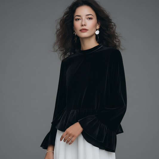 Black Velvet Ruffle-Trim Blouse | Women's Long Sleeve Top