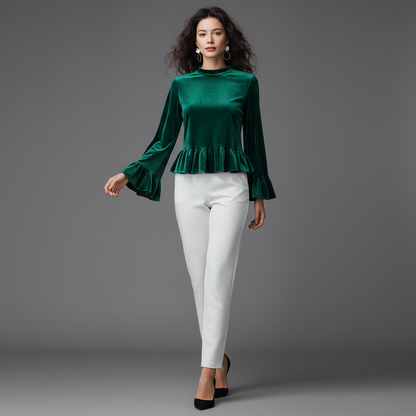 Black Velvet Ruffle-Trim Blouse | Women's Long Sleeve Top