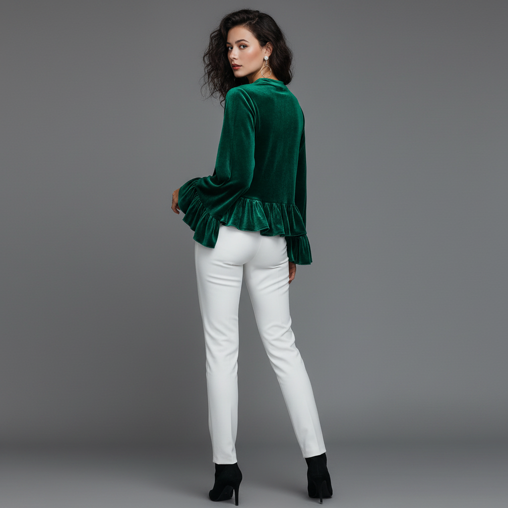 Black Velvet Ruffle-Trim Blouse | Women's Long Sleeve Top