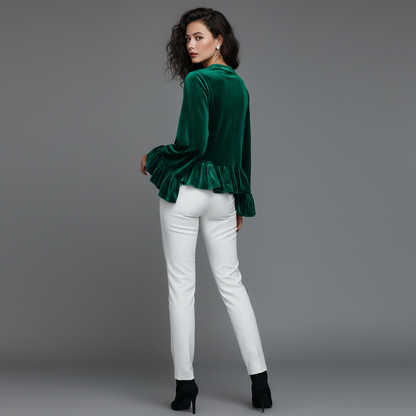 Black Velvet Ruffle-Trim Blouse | Women's Long Sleeve Top