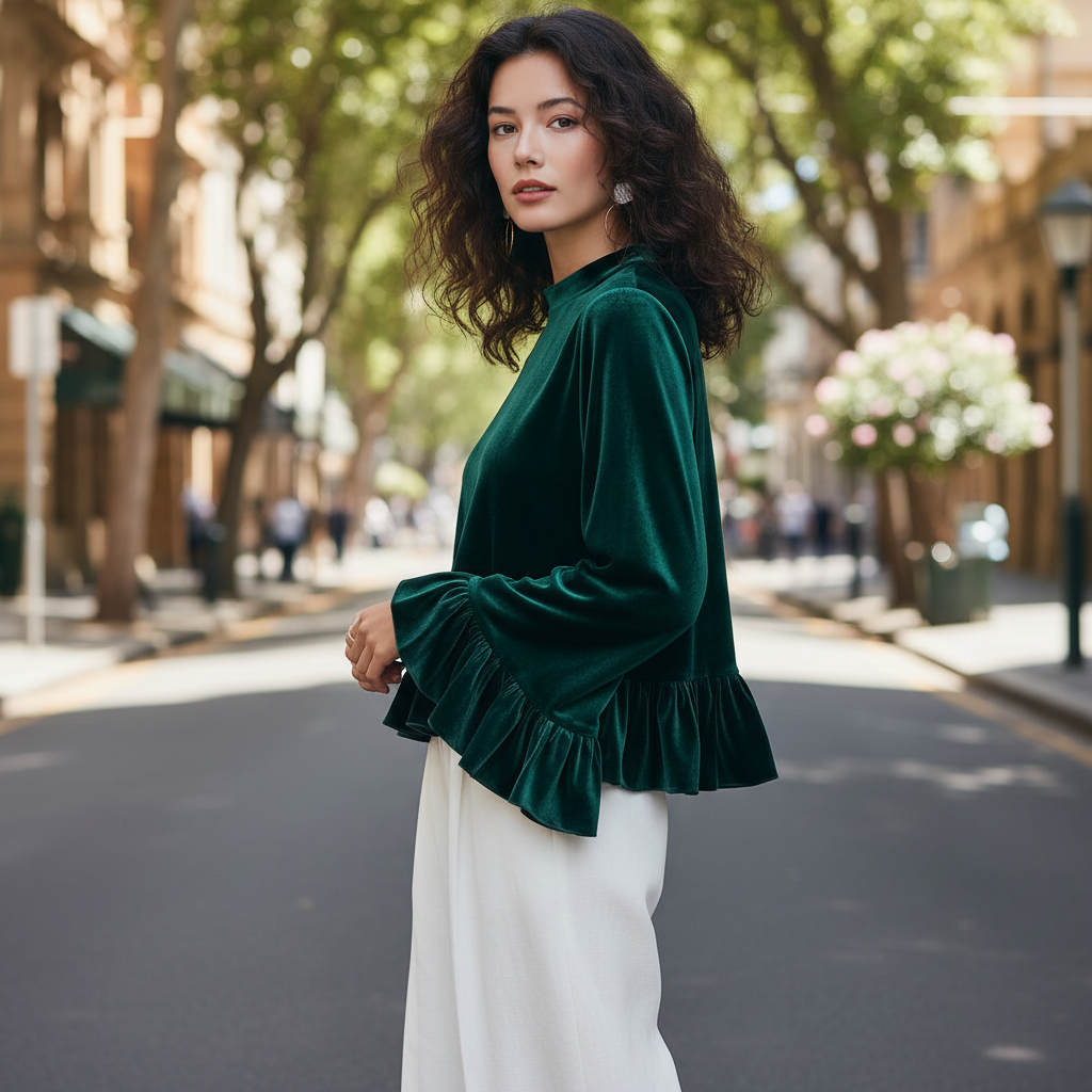 Black Velvet Ruffle-Trim Blouse | Women's Long Sleeve Top