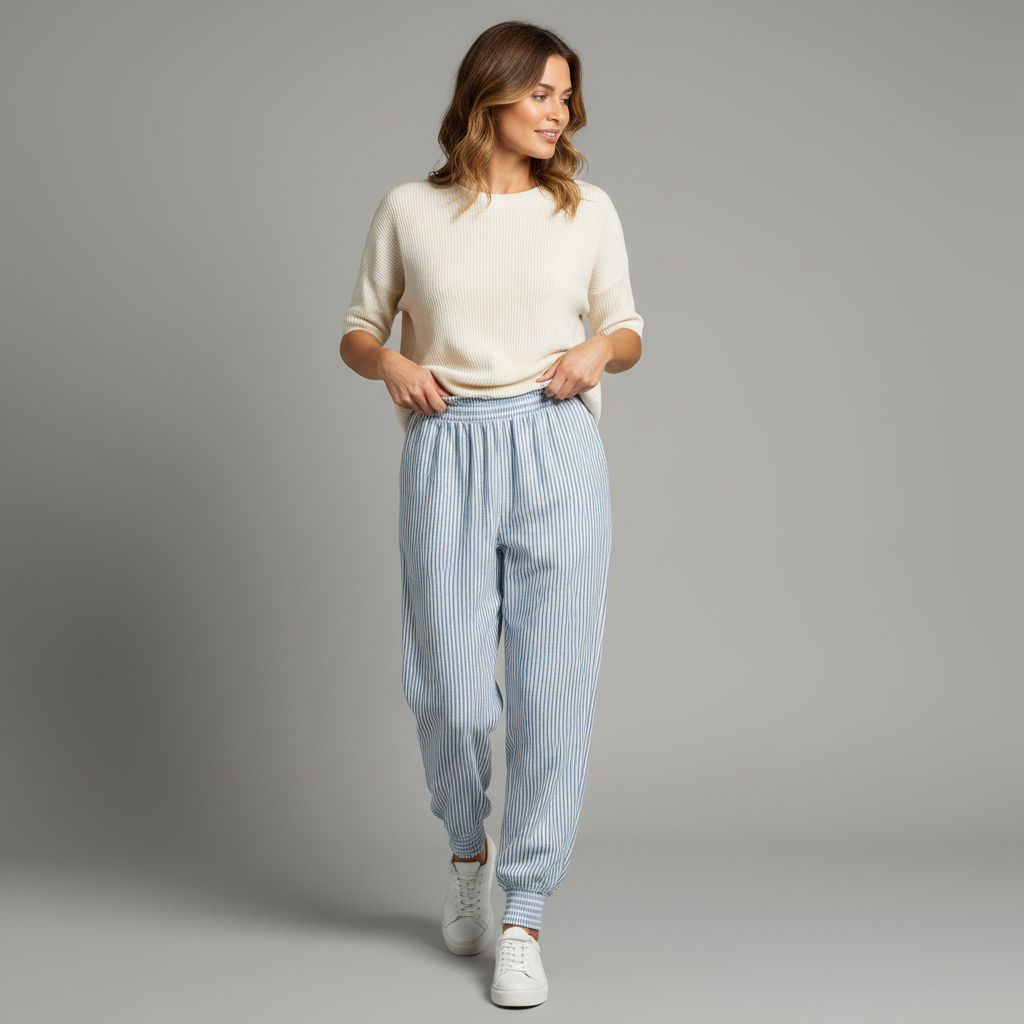 Casual Blue Striped Cotton Blend Pants | Lightweight Trousers