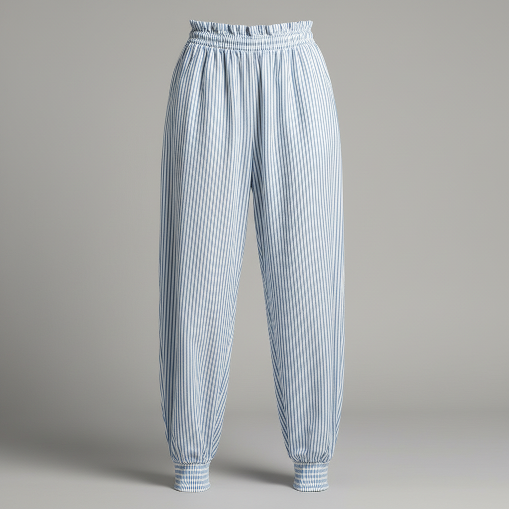 Casual Blue Striped Cotton Blend Pants | Lightweight Trousers