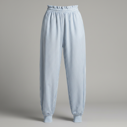 Casual Blue Striped Cotton Blend Pants | Lightweight Trousers