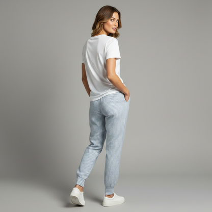 Casual Blue Striped Cotton Blend Pants | Lightweight Trousers