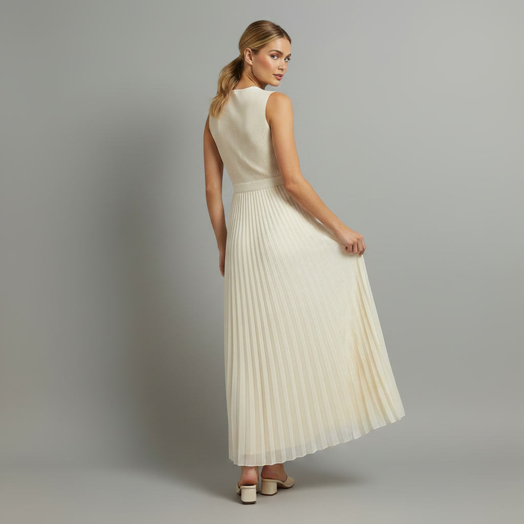 Cream Chiffon Pleated Long Sleeve Maxi Dress | Women's Maxi Dress