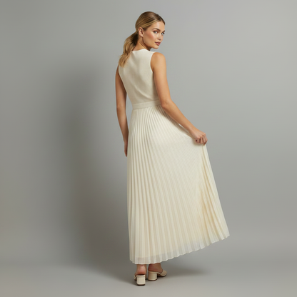Cream Chiffon Pleated Long Sleeve Maxi Dress | Women's Maxi Dress