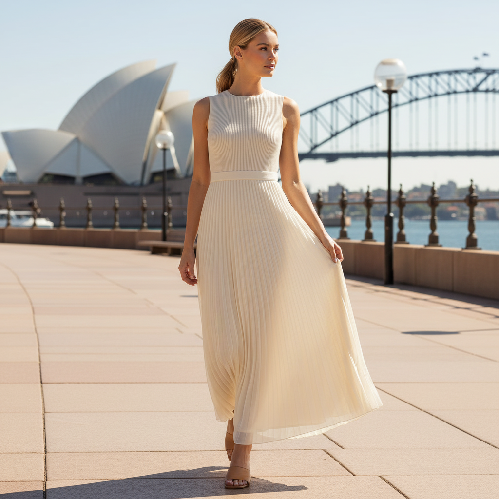 Cream Chiffon Pleated Long Sleeve Maxi Dress | Women's Maxi Dress