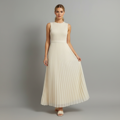 Cream Chiffon Pleated Long Sleeve Maxi Dress | Women's Maxi Dress