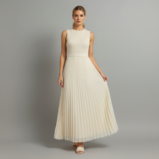 Cream Chiffon Pleated Long Sleeve Maxi Dress | Women's Maxi Dress