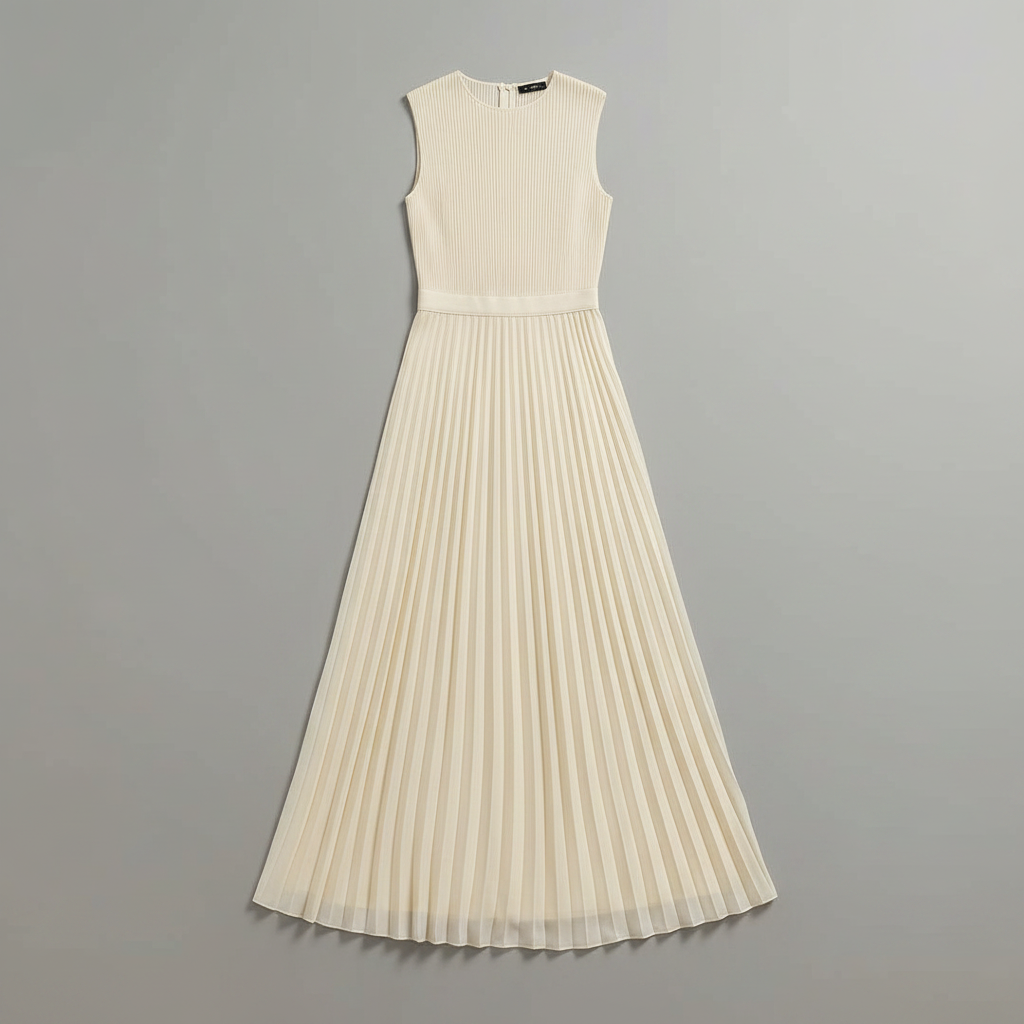 Cream Chiffon Pleated Long Sleeve Maxi Dress | Women's Maxi Dress