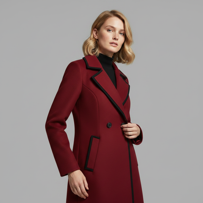 Double-Breasted White Coat with Black Trim | Women's Coat