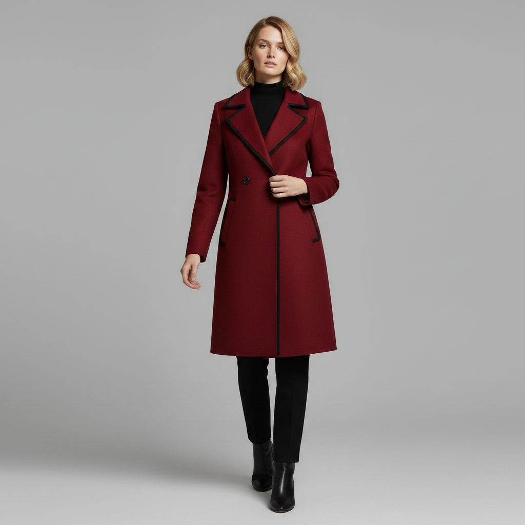 Double-Breasted White Coat with Black Trim | Women's Coat