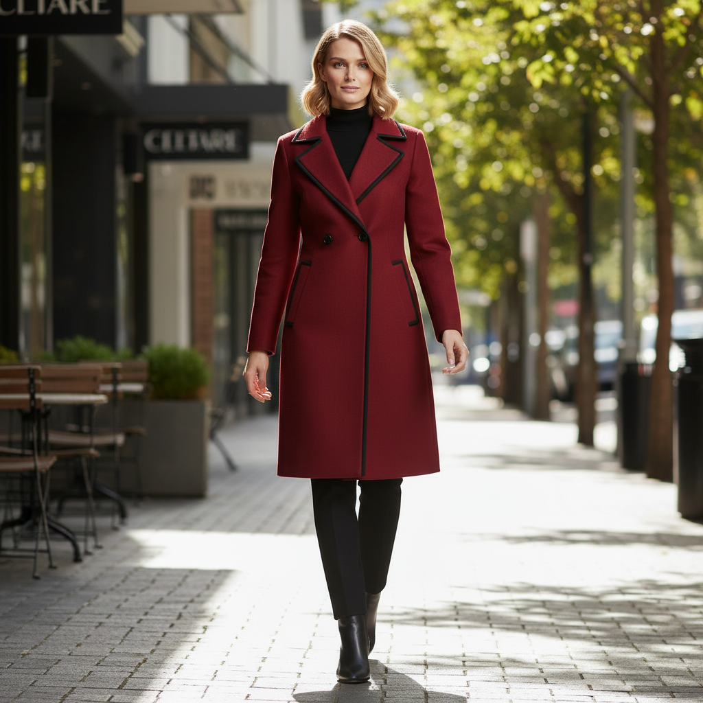 Double-Breasted White Coat with Black Trim | Women's Coat