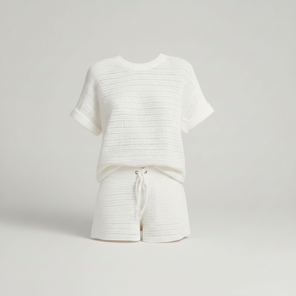 Hollow Knit White Shirt and Shorts Set | Ladies Short Sets