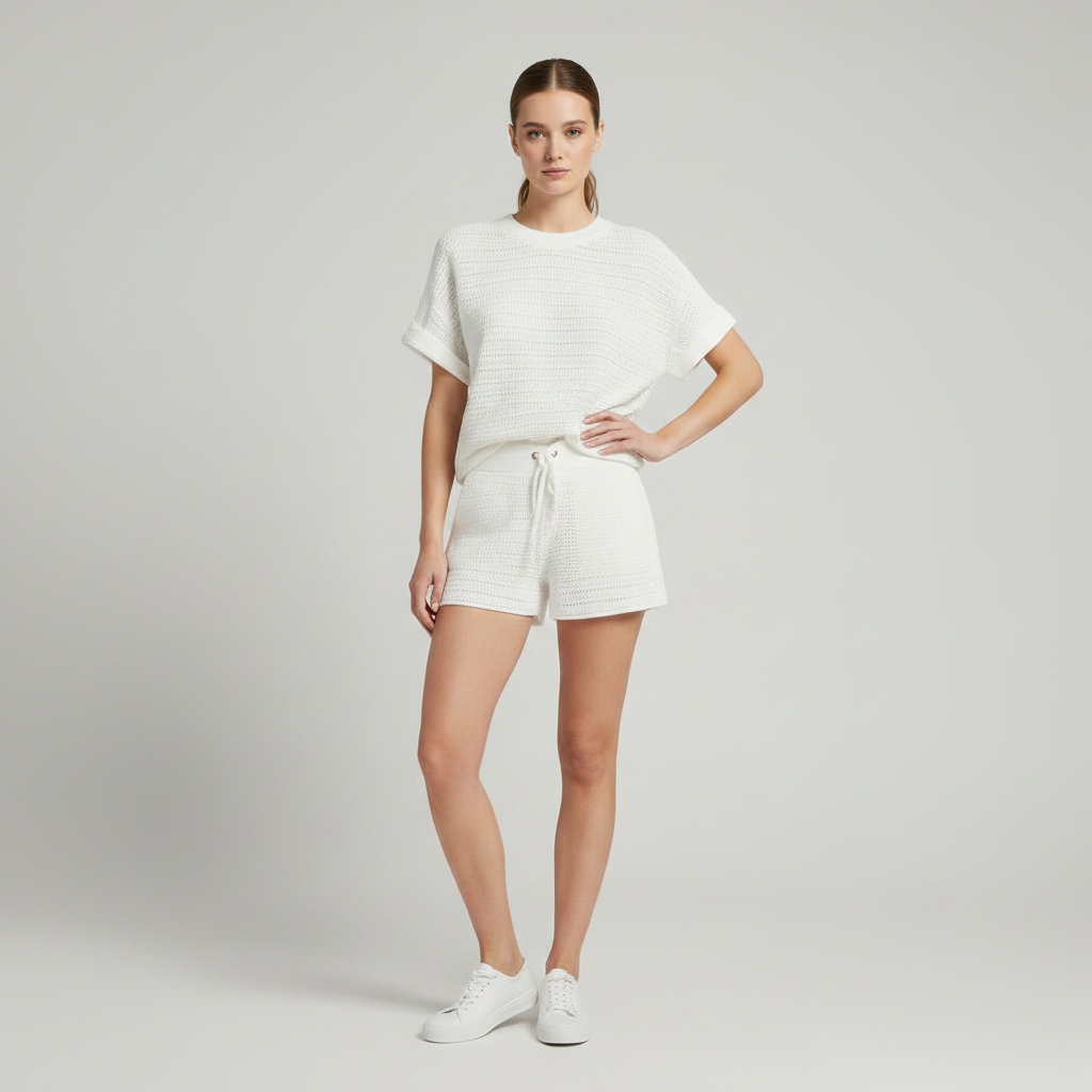 Hollow Knit White Shirt and Shorts Set | Ladies Short Sets