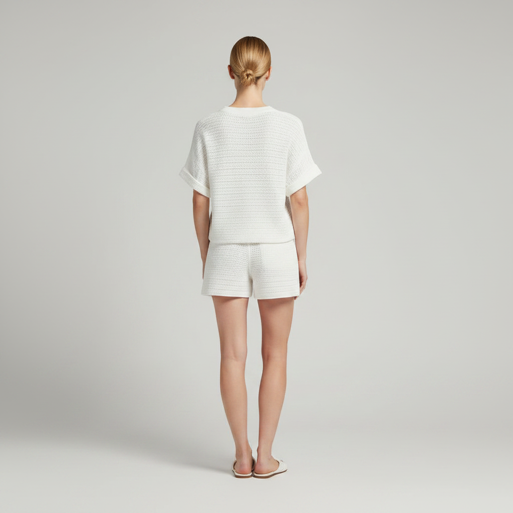 Hollow Knit White Shirt and Shorts Set | Ladies Short Sets