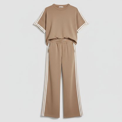 Khaki Striped-Trim T-Shirt and Pant Set | Casual Sportswear