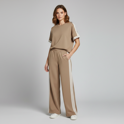 Khaki Striped-Trim T-Shirt and Pant Set | Casual Sportswear