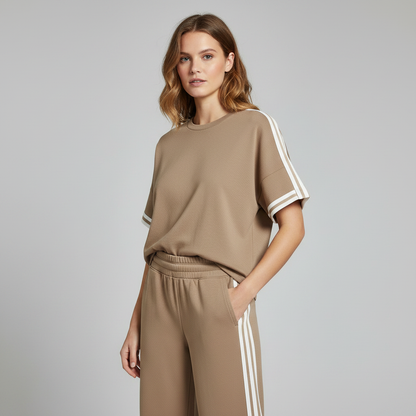 Khaki Striped-Trim T-Shirt and Pant Set | Casual Sportswear