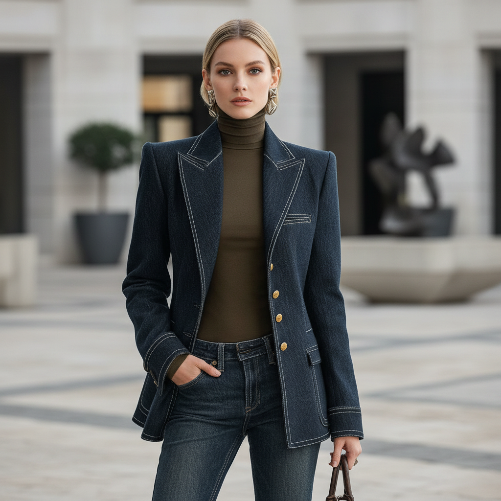 Retro Navy Blue Oversized Denim Jacket | Women's Casual Outerwear