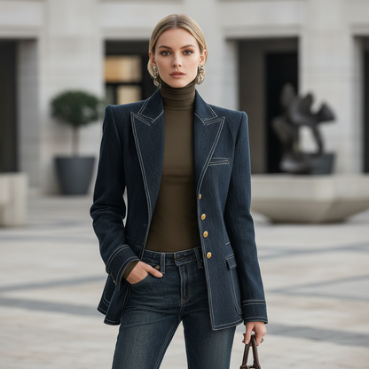 Retro Navy Blue Oversized Denim Jacket | Women's Casual Outerwear