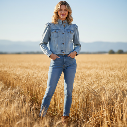 Retro Blue Denim Jacket | Women's Jean Jacket with Stand-up Collar