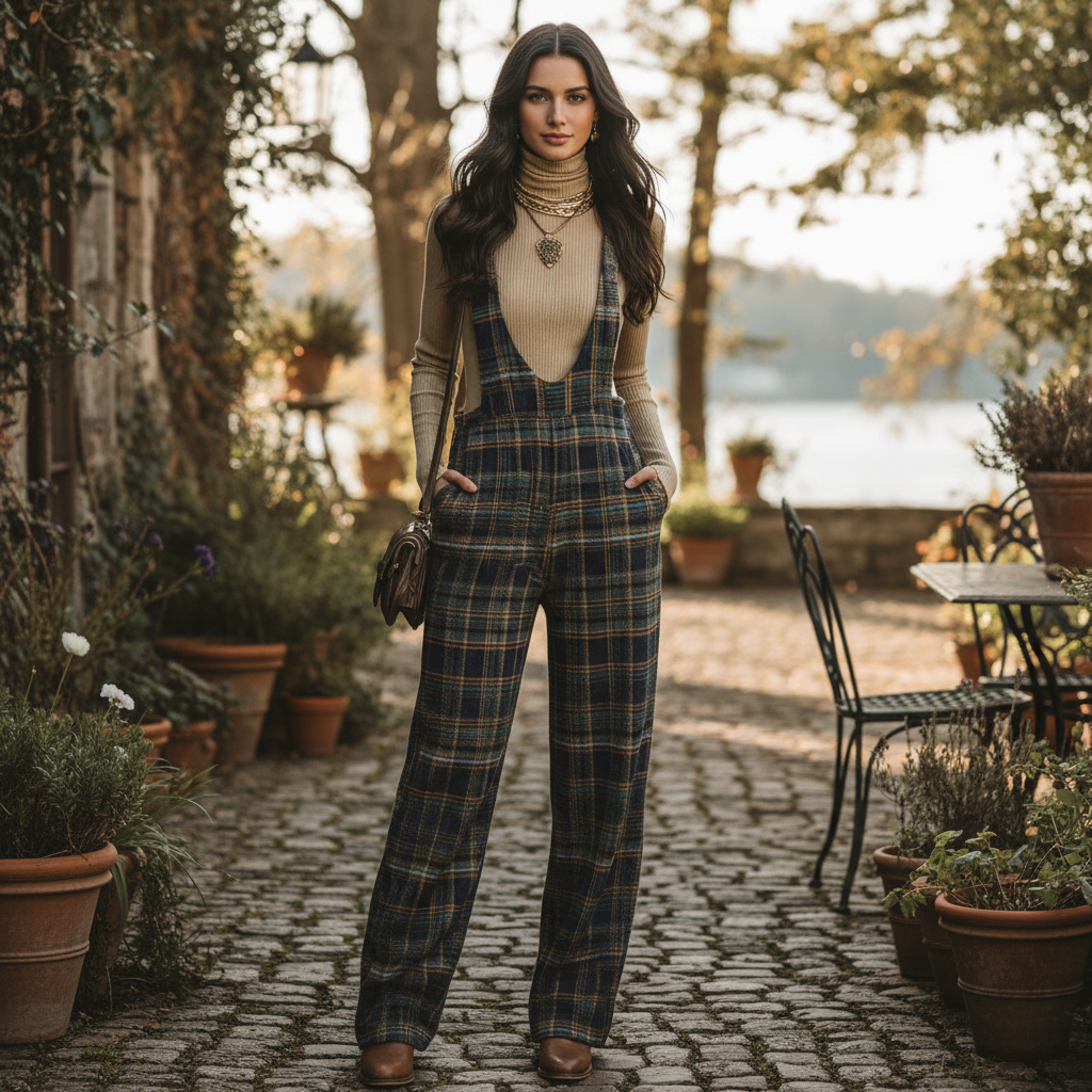 Retro Blue Plaid Wide-Leg Overalls | Women's Denim Overalls