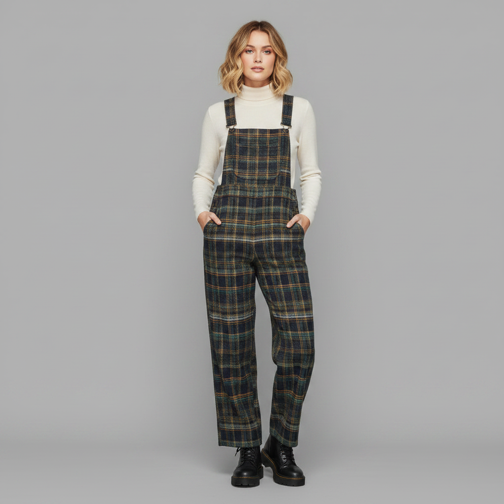 Retro Blue Plaid Wide-Leg Overalls | Women's Denim Overalls