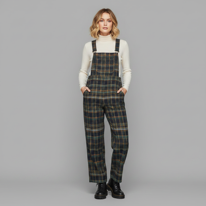 Retro Blue Plaid Wide-Leg Overalls | Women's Denim Overalls
