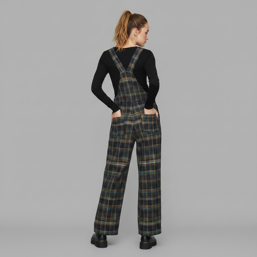 Retro Blue Plaid Wide-Leg Overalls | Women's Denim Overalls