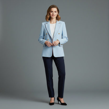 Vintage Sky Blue Linen-Blend Blazer | Women's Double-Breasted Jacket