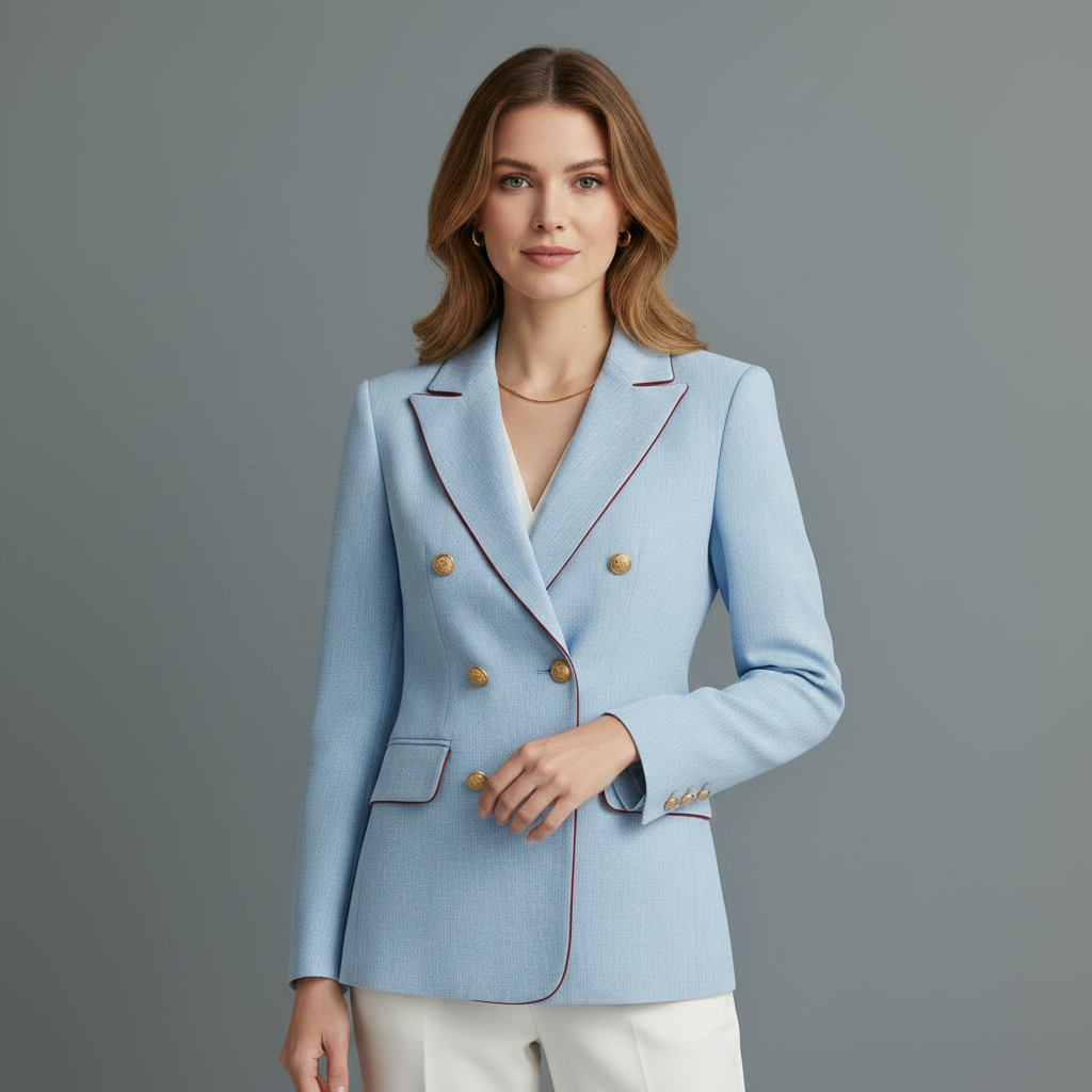 Vintage Sky Blue Linen-Blend Blazer | Women's Double-Breasted Jacket
