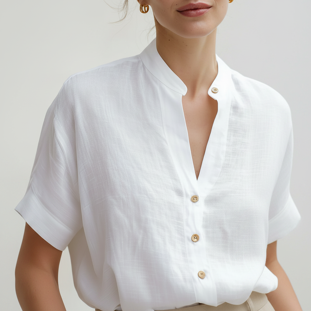 White Linen-Blend Stand Collar Short-Sleeve Blouse