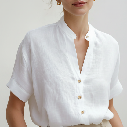 White Linen-Blend Stand Collar Short-Sleeve Blouse