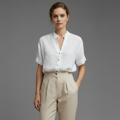 White Linen-Blend Stand Collar Short-Sleeve Blouse