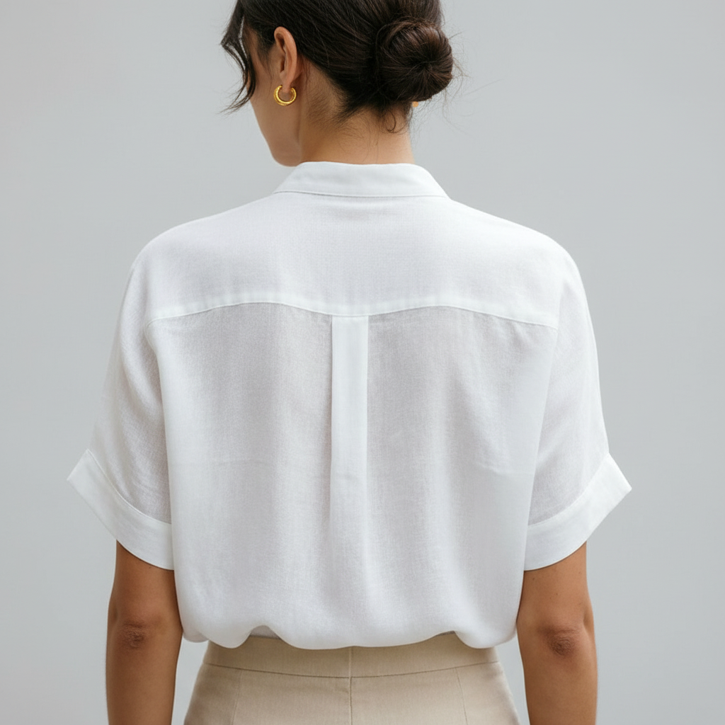 White Linen-Blend Stand Collar Short-Sleeve Blouse