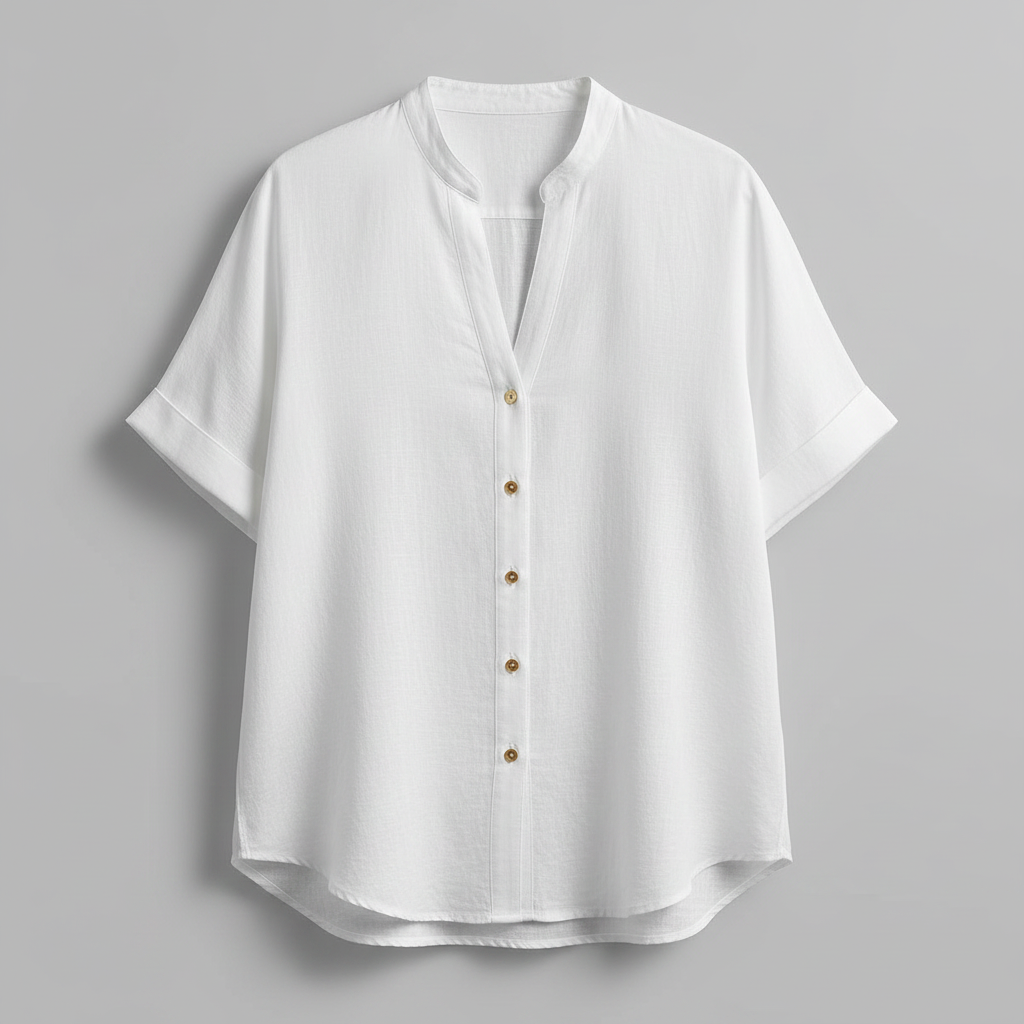 White Linen-Blend Stand Collar Short-Sleeve Blouse