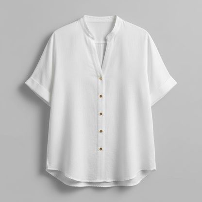 White Linen-Blend Stand Collar Short-Sleeve Blouse